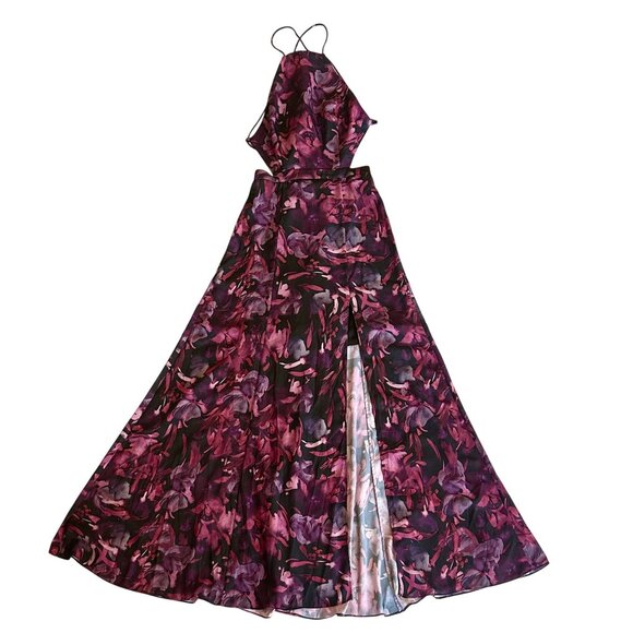 Fame And Partners Purple Floral Maxi Dress Halter Strappy Back High Slit Size 0 - Picture 6 of 13